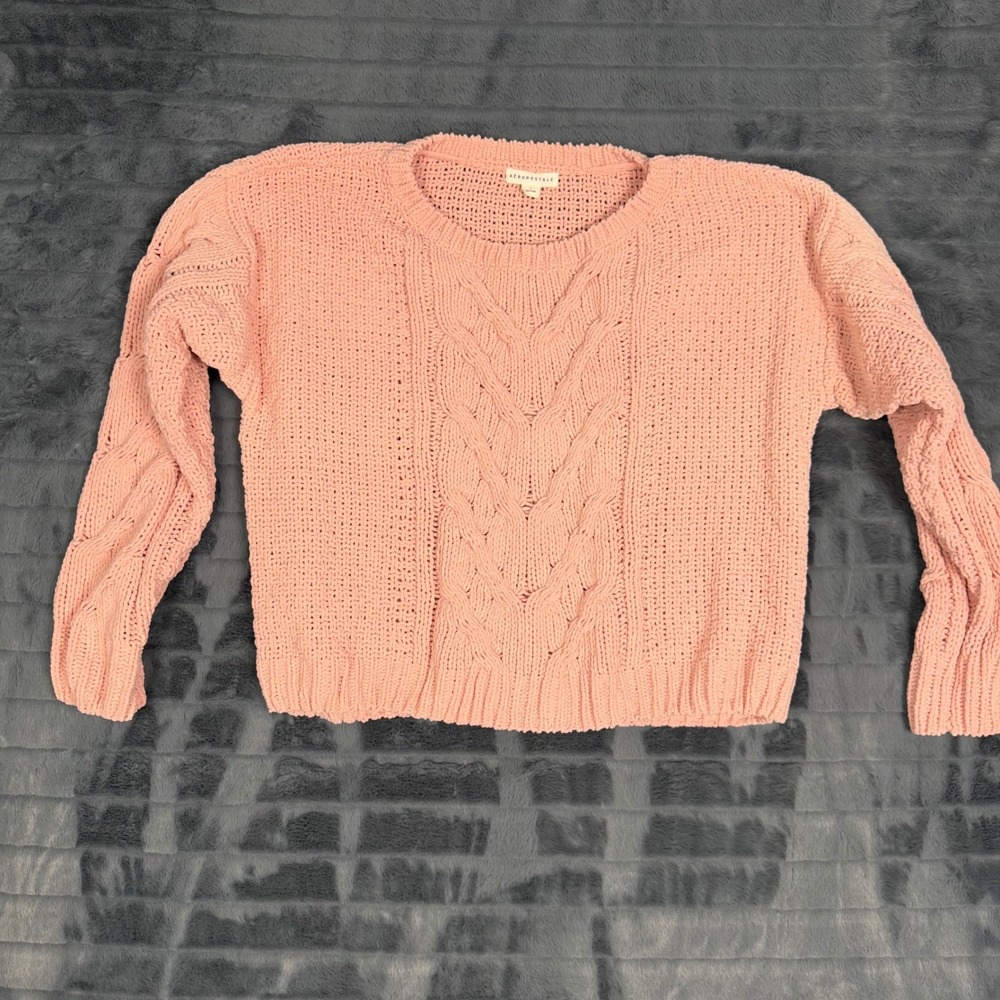 Aeropostale Womens Peach Pink Chenille Cable Knit Sweater Large Crew Neck Soft